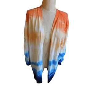 Chico's Size XL (3) Boho Tye dye ruched 3/4 sleeve knit Cardigan Top NWT $109